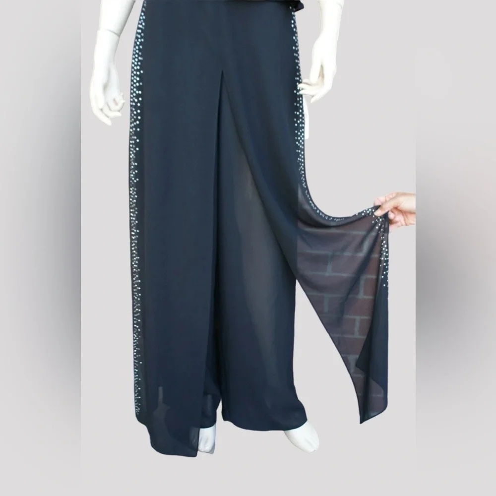 Vintage Betsy & Adam 2 Piece Set Semi-Sheer Wide Leg Flare Rhinestone Details - Picture 14 of 15
